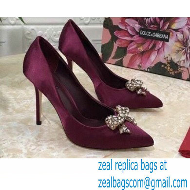 Dolce & Gabbana Heel 10.5cm Satin Pumps Burgundy with Crystal Bow 2021 - Click Image to Close
